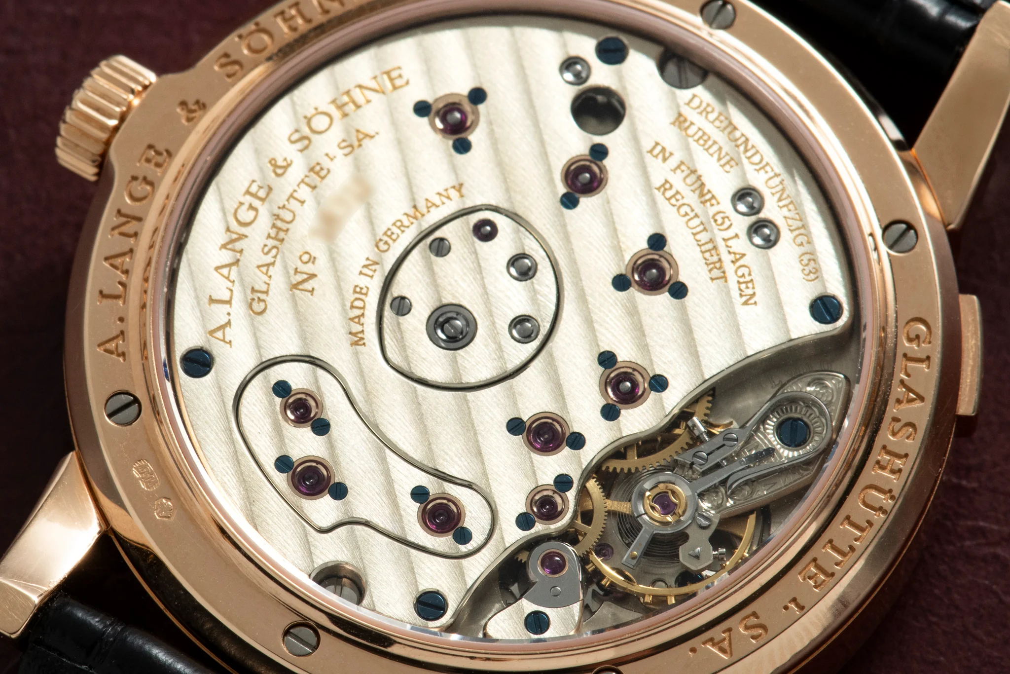 A. Lange & Söhne Lange 1 three-quarter plate in untreated German silver, seen through the caseback