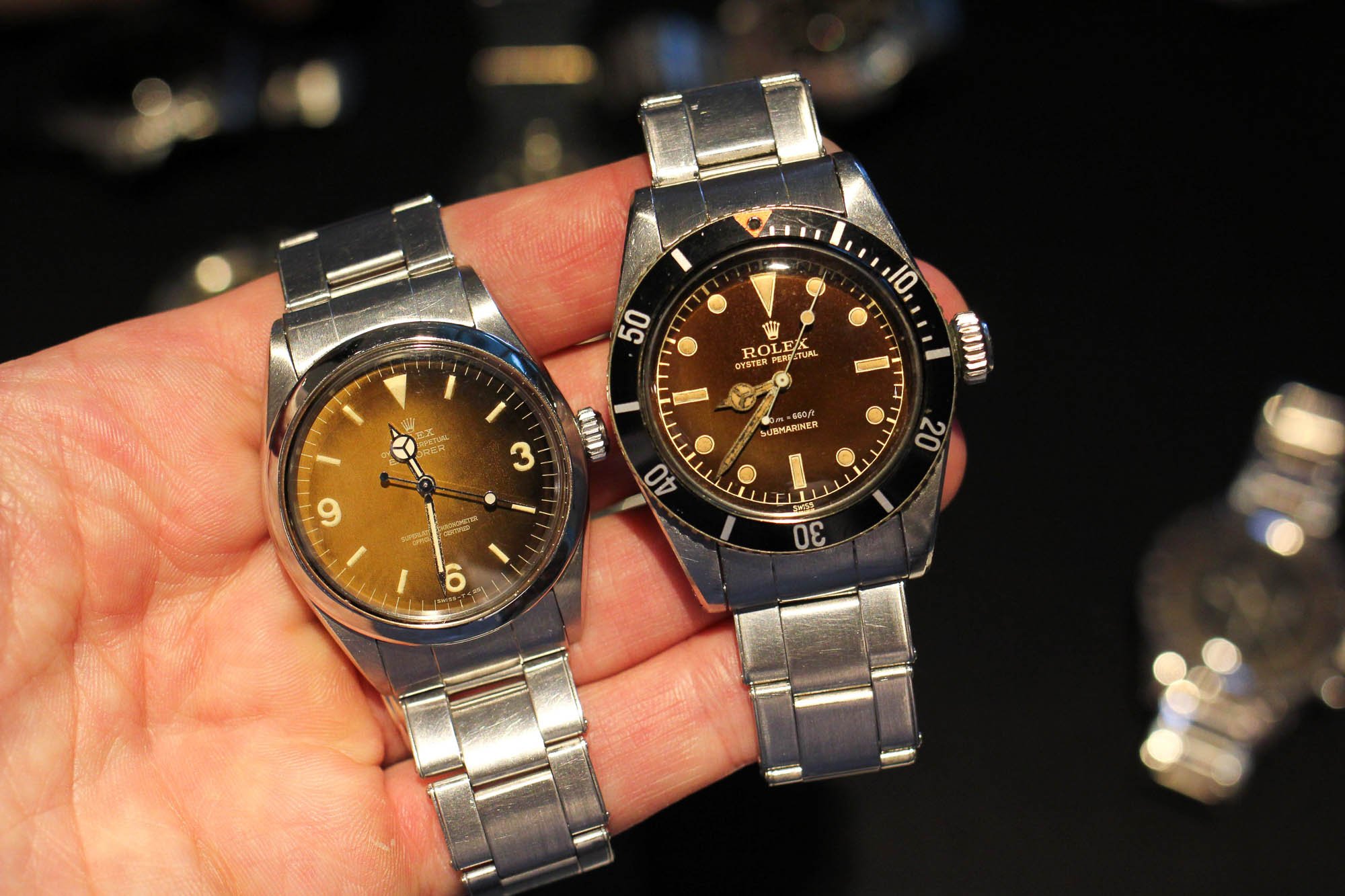 Vintage Rolex Explorer and Submariner gilt dials aged to warm tropical brown patina