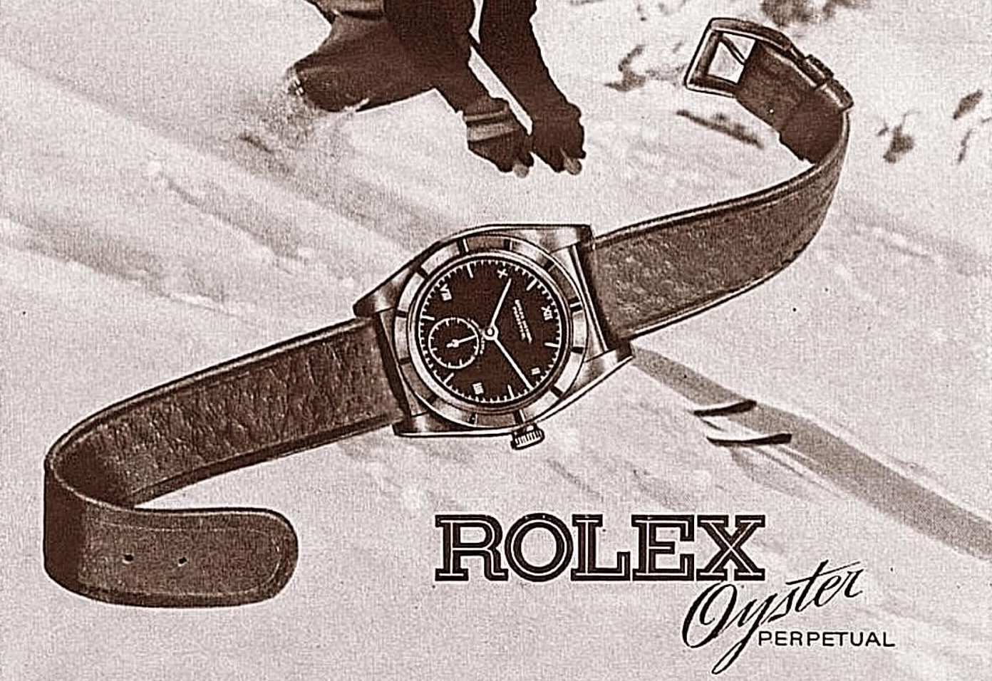 1950s Rolex Oyster Perpetual advert showing a textured leather strap with visible pore grain