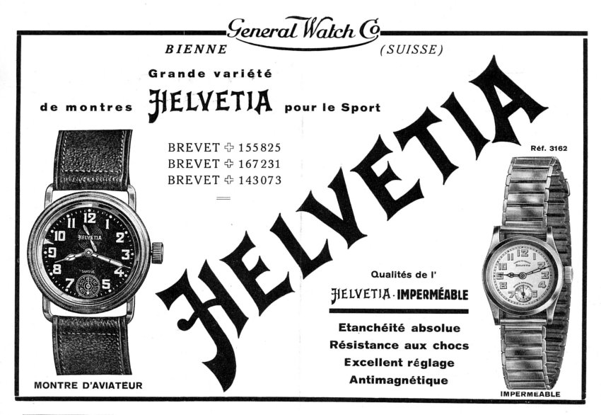 Vintage Helvetia newspaper advertisement showing a large pilot's watch and small waterproof watch