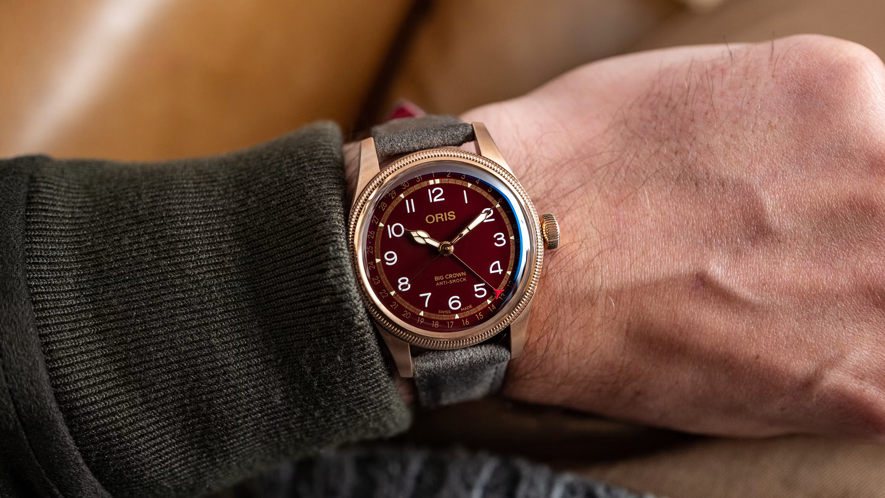Oris Big Crown Pointer Date on wrist in a close photograph
