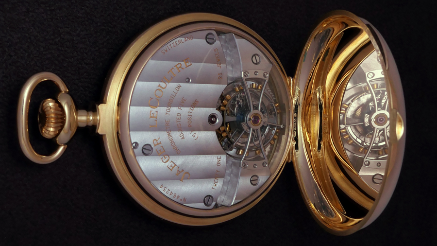 Jaeger-LeCoultre pocket chronometer tourbillon with chronometer text visible on the movement